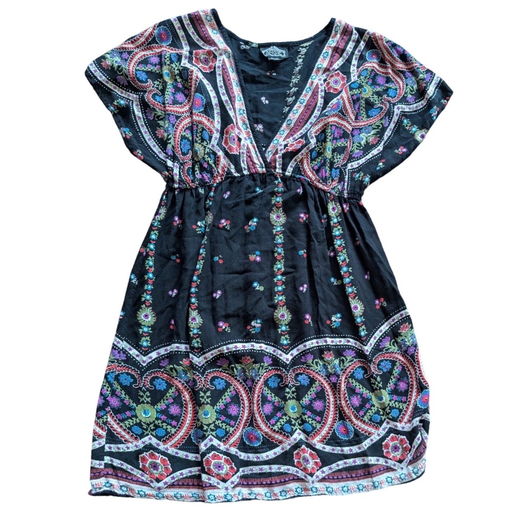 ANGIE Blk Paisley Mini Dress Sz LARGE Floral Boho Empire Waist Rayon Cottagecore